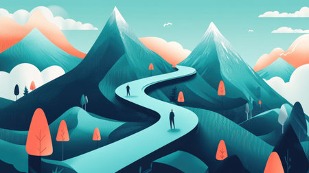 A visual representation of a goal-setting journey with a path marked by milestones and checkpoints, illustrating the process of reaching long-term goals.の素材