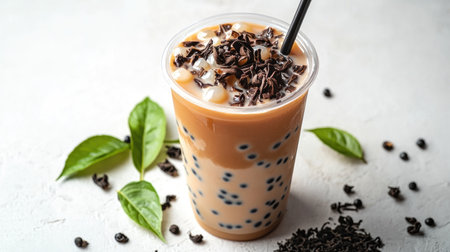 A transparent cup of milk tea with a lid and straw, surrounded by scattered tapioca pearls and tea leaves on a white surface, showcasing its ingredients.の素材