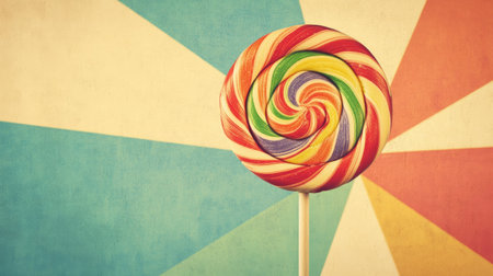 A vintage-style image of a classic lollipop with a retro design, set against a nostalgic background that evokes memories of childhood sweets.の素材
