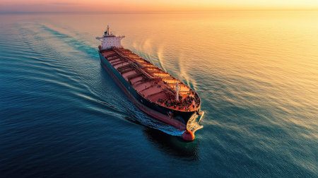 An aerial view of a large tanker ship navigating through calm waters, with its sleek hull cutting through the sea and a distant coastline on the horizon.の素材