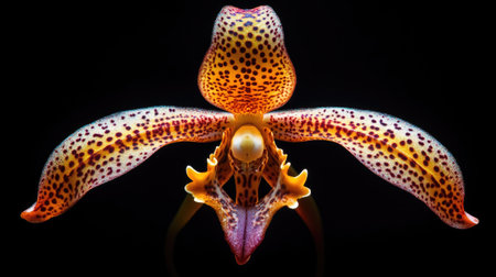 An elegant macro shot of a delicate orchid with detailed textures and vibrant colors, highlighting the beauty of its intricate patterns.の素材