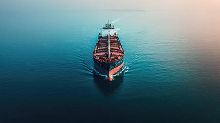 An aerial view of a large tanker ship navigating through calm waters, with its sleek hull cutting through the sea and a distant coastline on the horizon.の素材