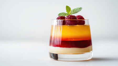An elegant image of a layered jelly dessert in a clear glass, featuring multiple colors and textures, with a focus on the clean, crisp presentation against a white backdrop.の素材
