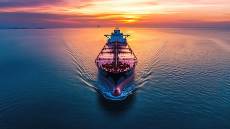 An aerial view of a large tanker ship navigating through calm waters, with its sleek hull cutting through the sea and a distant coastline on the horizon.の素材