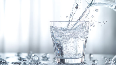 An action shot of water being poured from a jug into a glass, with splashes and reflections captured in the motion, against a bright, airy background.の素材