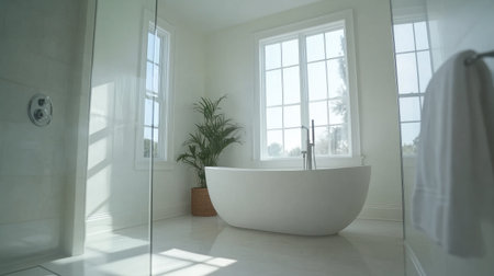 An airy, minimalist bathroom featuring a freestanding tub, a glass shower enclosure, and simple, modern fixtures against a clean, white backdrop.の素材