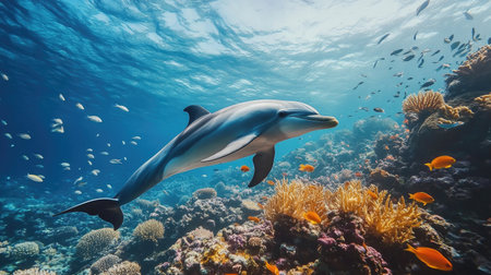 A captivating underwater view of a dolphin gliding smoothly through a school of fish, with vibrant coral reefs and sea life in the background.の素材