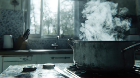 A close-up of a pot with water at a rolling boil, with the steam creating a hazy effect and the surrounding kitchen counter slightly blurred.の素材