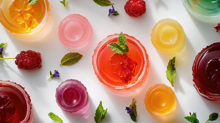 An overhead view of a beautifully arranged jelly dessert platter with various flavors and colors, garnished with mint leaves and presented on a white table.の素材