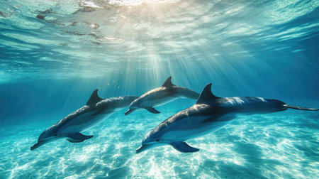 An underwater scene showing a pod of dolphins swimming gracefully through crystal-clear water, with sunlight filtering down from above.の素材
