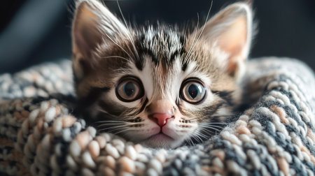 A close-up of a playful kitten with big, bright eyes and a tiny pink nose, gazing curiously from a soft, knitted blanket.の素材