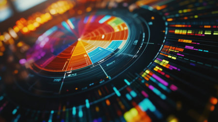 A close-up of a colorful pie chart on a computer screen, showcasing data distribution and percentages in a clear and engaging way.の素材