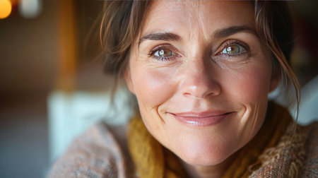 A woman in her s smiling warmly, with focus on her eyes and gentle wrinkles around her smile, capturing the essence of joy and life experience.の素材