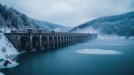 A seasonal shot of a dam in winter, with snow-covered surroundings and ice forming on the reservoir, highlighting the dam's functionality in different weather conditions.の素材
