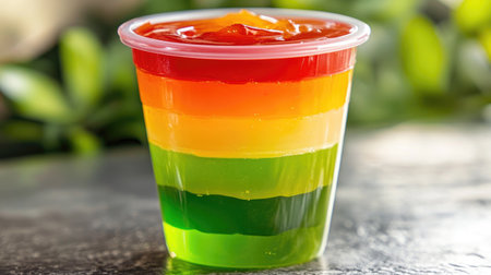 A close-up of a vibrant, multi-colored jelly dessert served in a clear cup, with layers of red, orange, and green jelly, and a glossy finish.の素材