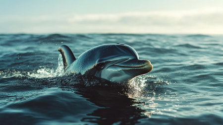 A close-up shot of a dolphin's face breaking the surface of the water, with its intelligent eyes and smooth skin glistening in the sunlight.の素材
