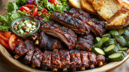 A colorful presentation of grilled pork ribs with a variety of sides, including fresh salad, garlic bread, and pickles, arranged attractively on a serving platter.の素材