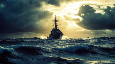 A dramatic shot of a large military ship patrolling the ocean, with a powerful silhouette against a stormy sky and turbulent waves creating a sense of motion.の素材