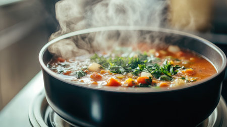 A detailed shot of a steaming pot of soup with fresh herbs and vegetables, showcasing the rich colors and textures of the cooking process in a well-lit kitchen.の素材