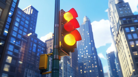 A high-angle view of a traffic light with the yellow signal lit up, contrasting with a blue sky and city buildings in the background.の素材
