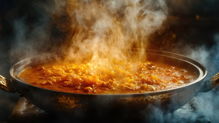 A dynamic image of a chef stirring a hot, aromatic curry in a deep pan, with steam escaping and spices visibly blending into the dish.の素材