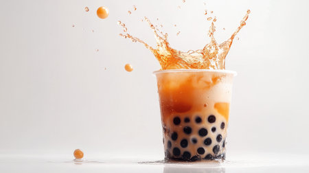 A dynamic shot of a cup of bubble tea with a splash of tea and pearls, showcasing the drink's texture and layers with a bright, white background.の素材