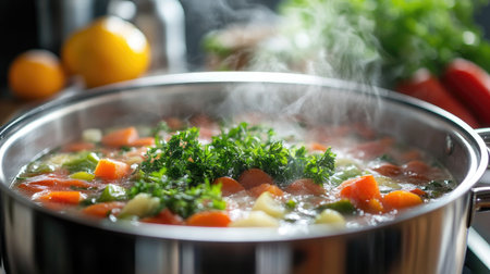 A detailed shot of a steaming pot of soup with fresh herbs and vegetables, showcasing the rich colors and textures of the cooking process in a well-lit kitchen.の素材