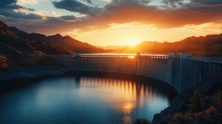A dramatic sunset shot of a large dam and reservoir, with the setting sun casting warm hues over the water and the dam's towering structure.の素材