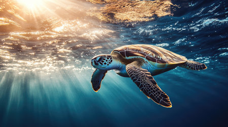 A dynamic image of a sea turtle swimming near the surface of the ocean, with sunlight filtering through the water and creating beautiful patterns on the turtle's shell.の素材