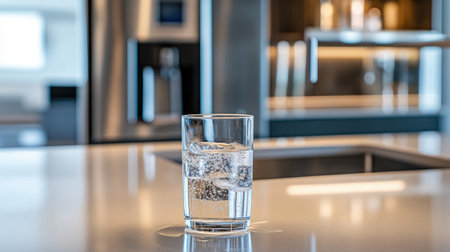 A high-angle view of a water dispenser with a glass filled with fresh, filtered water, and a few ice cubes, positioned in a sleek, modern kitchen.の素材