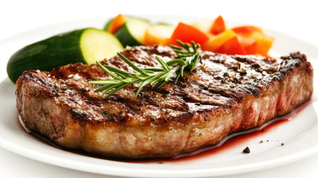 A perfectly cooked steak served on a pristine white plate, with a side of fresh vegetables and a sprig of rosemary, set against a clean, white background.の素材