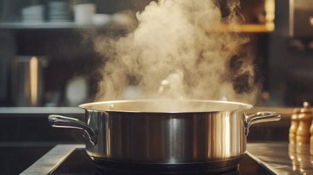 A high-angle view of a stainless steel pot with water coming to a vigorous boil, showing the intense bubbles and steam against a modern kitchen background.の素材