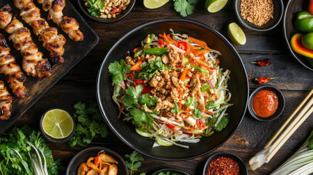 A family-style spread featuring a large bowl of som tam with several pieces of grilled chicken, arranged on a dining table with additional Thai condiments and garnishes.の素材
