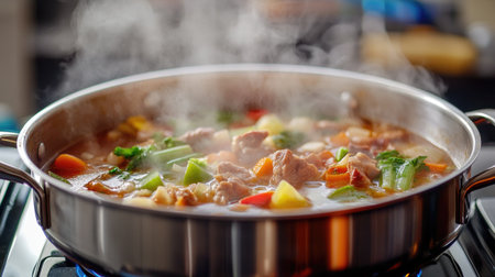 A high-angle shot of a bubbling pot of soup on the stove, with colorful vegetables and meat visible through the steam, creating a comforting cooking scene.の素材
