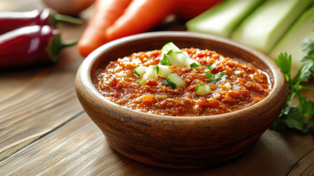 A high-definition image of a rustic wooden table set with a bowl of homemade chili paste and an assortment of fresh vegetables for a healthy, flavorful meal.の素材