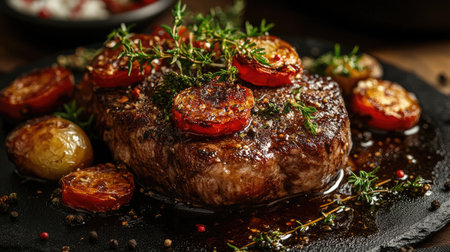 A high-definition image of a meal being garnished with fresh herbs and spices before serving, highlighting the final touches that elevate the dish's presentation.の素材
