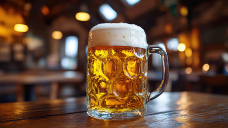 A high-angle view of a classic beer mug filled with golden beer and topped with a frothy head, with a cozy pub ambiance and wooden tables in the background.の素材