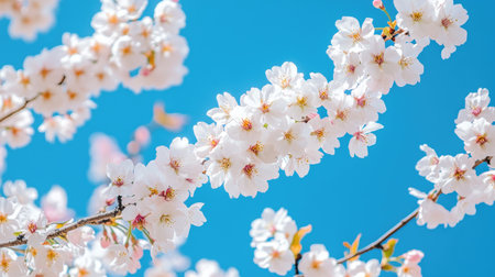 A detailed photo of cherry blossom branches against a bright blue sky, showcasing the intricate details of the flowers and the fresh, vibrant colors of spring.の素材