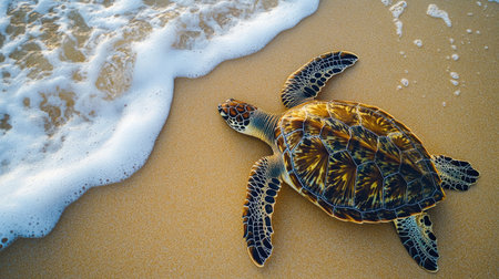 A high-angle view of a sea turtle resting on a sandy beach, with its shell blending into the beach environment and the ocean waves gently lapping nearby.の素材