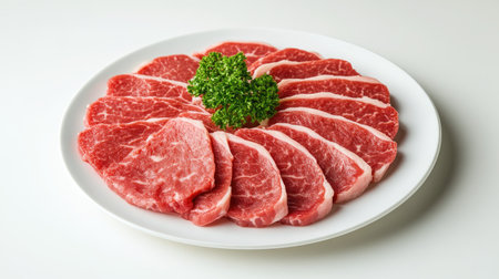 A high-definition image of a steak cut into slices, revealing its juicy interior, arranged neatly on a white plate with a clean, white background.の素材