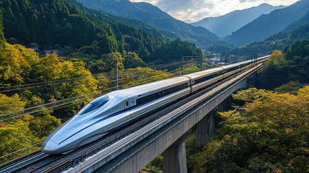 A high-speed train zooming along a scenic railway track, with its sleek design and motion blur capturing the excitement of modern rail travel.の素材