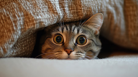 A playful cat engaging in a game of hide and seek with its owner, peeking out from behind furniture and ready to pounce with a mischievous expression.の素材
