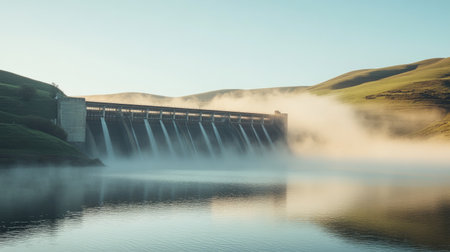 A serene shot of a large reservoir behind a dam with mist rising off the water, set against a backdrop of rolling hills and early morning light.の素材