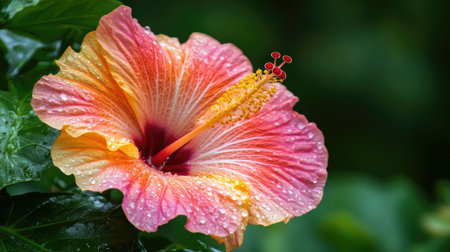 A vibrant close-up of a colorful hibiscus flower with bold, contrasting petals and intricate details, set against a lush green backdrop.の素材