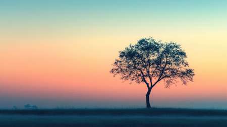 A serene silhouette of a lone tree against a pastel-colored sky at dawn, with delicate branches outlined against the soft, gradient background.の素材