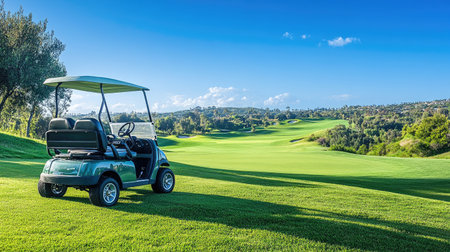 A vibrant shot of a golf cart parked near a tee box, with golf clubs and a bag visible, and the expansive golf course stretching out in the background.の素材