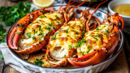 A close-up of a freshly baked cheesy lobster dish, showcasing the rich, gooey cheese melting over the tender lobster meat, emphasizing its luxurious appeal against a simple backdrop.の素材