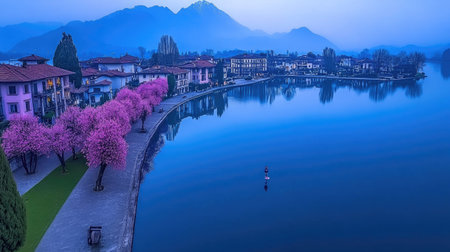 An aerial shot of a tranquil lake reflecting Mount Fuji and its cherry blossom surroundings, with a soft morning mist rising from the water, evoking a sense of peace and beauty.の素材