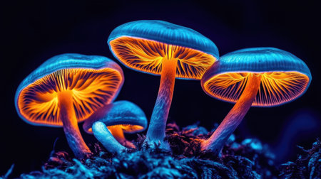 A close-up of small, delicate mushrooms glowing faintly on a moss-covered rock, their gentle light creating an intimate, magical atmosphere.の素材