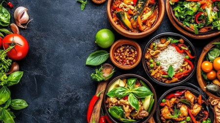 An overhead view of hot steamed rice on a colorful Thai table setting, with traditional dishes and utensils, highlighting the beauty of Thai cuisine.の素材